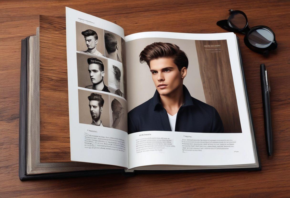 A dynamic digital diary interface displaying a blend of sophisticated hair styling images, grooming tutorials, and men's fashion inspirations. The background features a textured wood finish, with elegant illustrations of various hairstyles surrounding the diary's pages. Include a stylish, modern man thoughtfully reviewing the diary. The overall composition should evoke a sense of contemporary elegance, inviting modern males to explore their hair potential. vector art. vibrant colors.