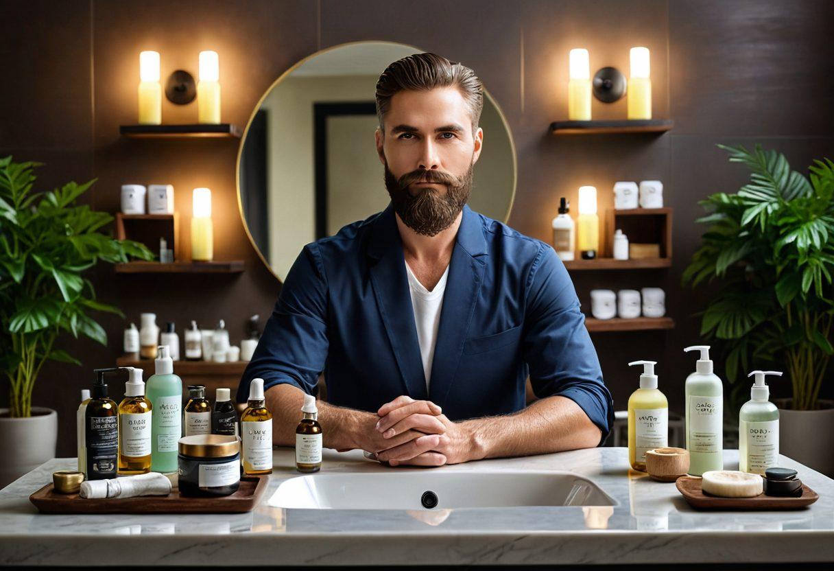 A well-groomed man with a luxurious beard, standing in a stylish bathroom surrounded by various self-care products like oils, creams, and grooming tools. The setting exudes a sense of relaxation, with warm lighting and greenery in the background. The image conveys a transformation theme, showcasing both the beard and self-care routine's importance. super-realistic. vibrant colors. warm ambiance.